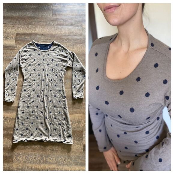 Sweater Dress Reversible Navy Taupe Brown Dot Large Soft Stretch - Picture 3 of 8